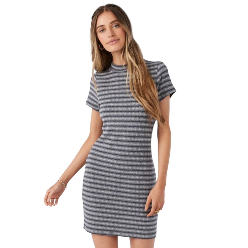 ONeill Zachely Knit Mini Dress Textured Grey‎ Striped Mock Neck Women's Size XL